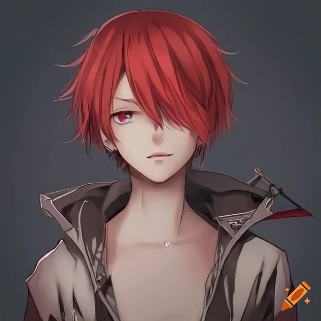 Red-haired anime boy with grey eyes and piercings wielding a scythe