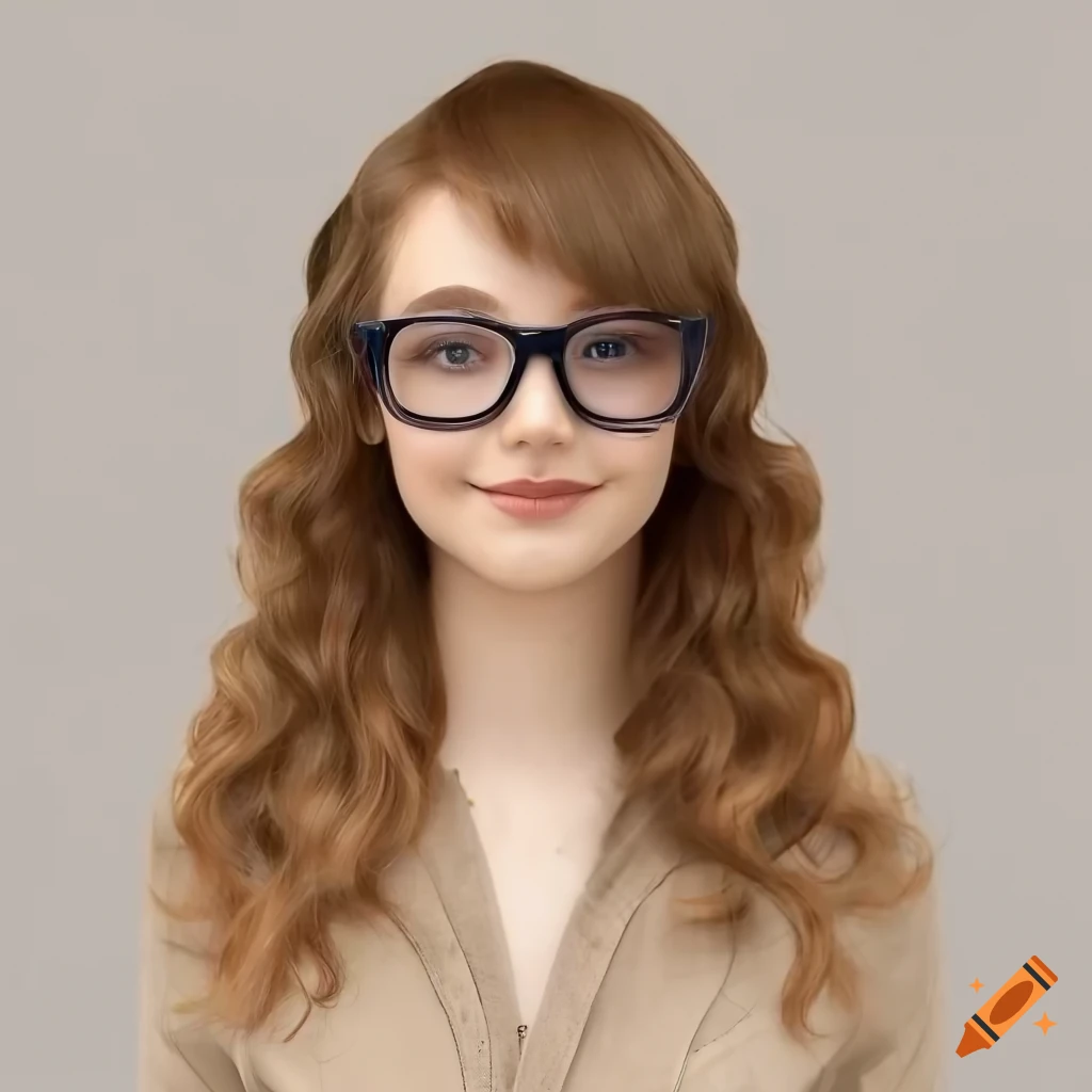Young woman with chestnut hair, ponytail, and glasses in a trendy blouse