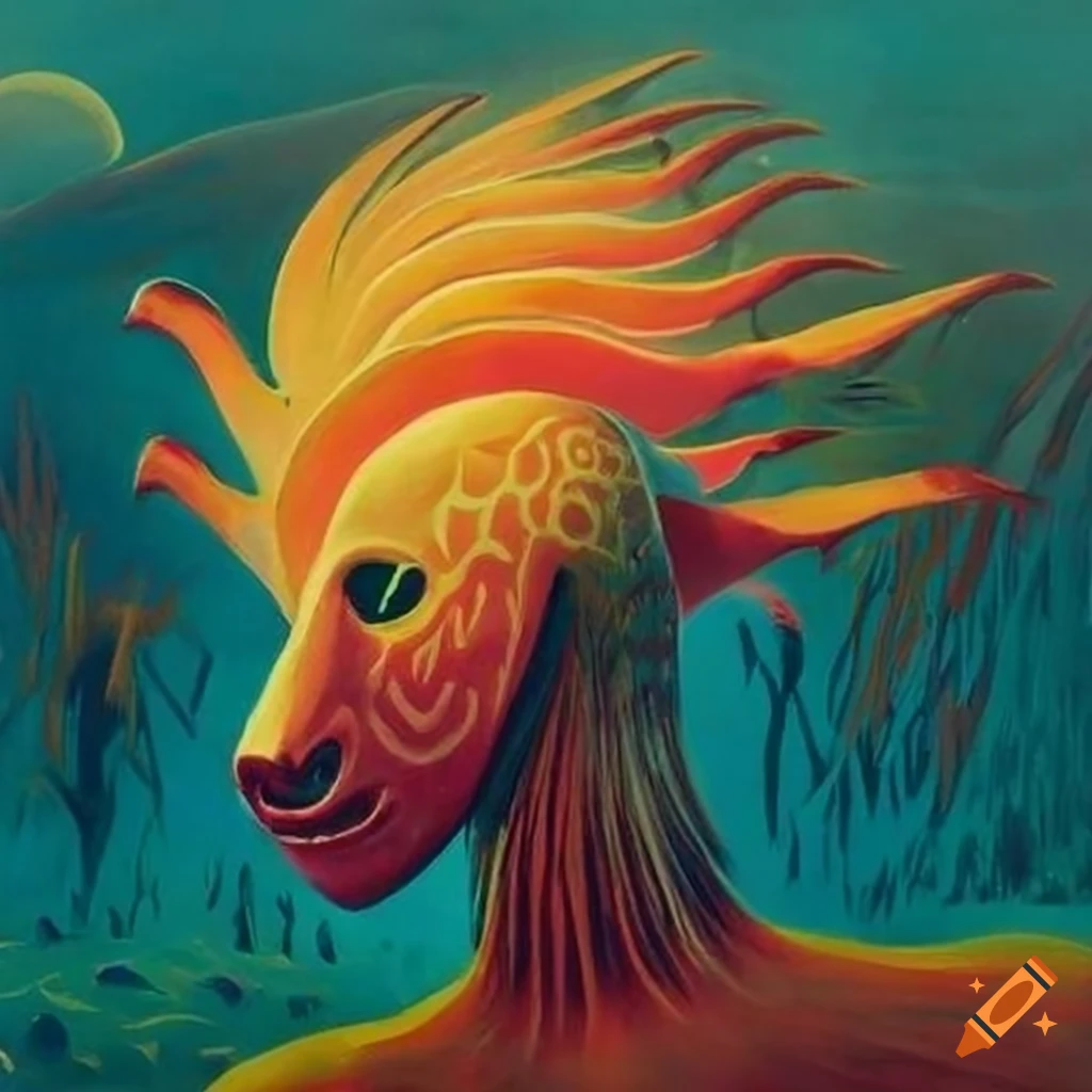 Colorful serigraph featuring native Salish motifs and fantasy creatures