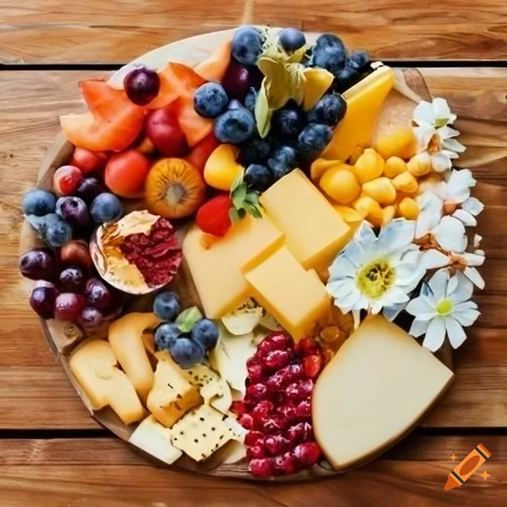 Gourmet grazing board with cheeses, crackers, fruit, and flowers
