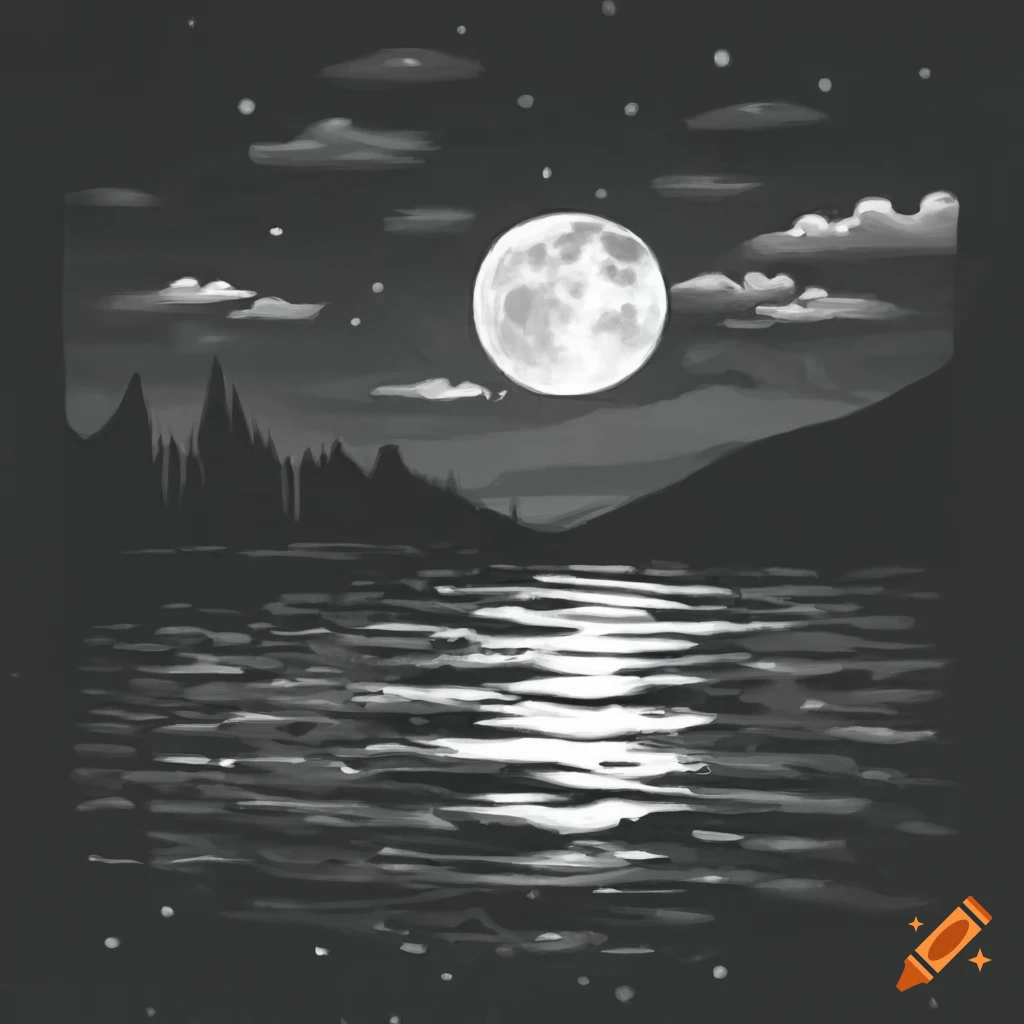 Moonlight on a lake with a house at the end of the water in black and white