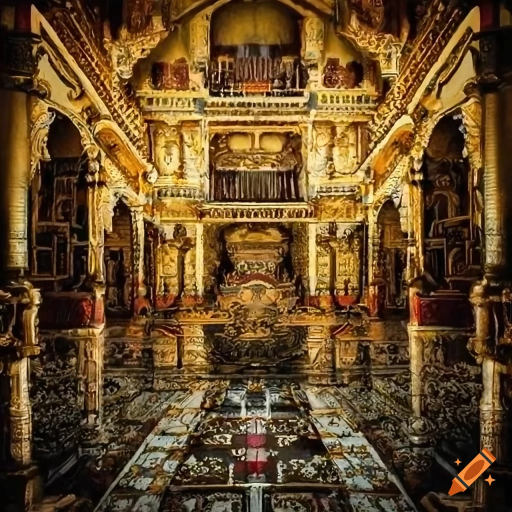Aztec storm god in a grand palace room surrounded by waterfalls, gold, and gems