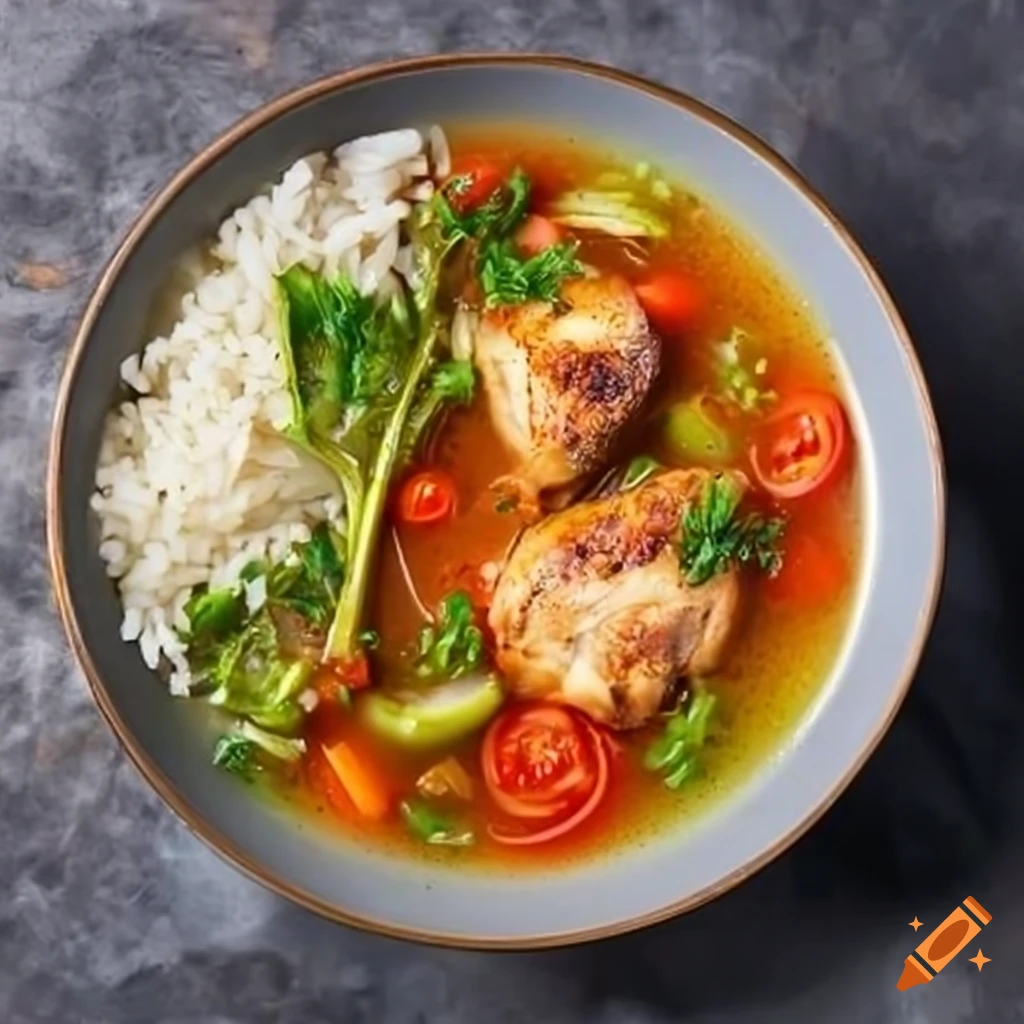 Oven pan with chicken, tomatoes, vegetable broth, and rice on Craiyon