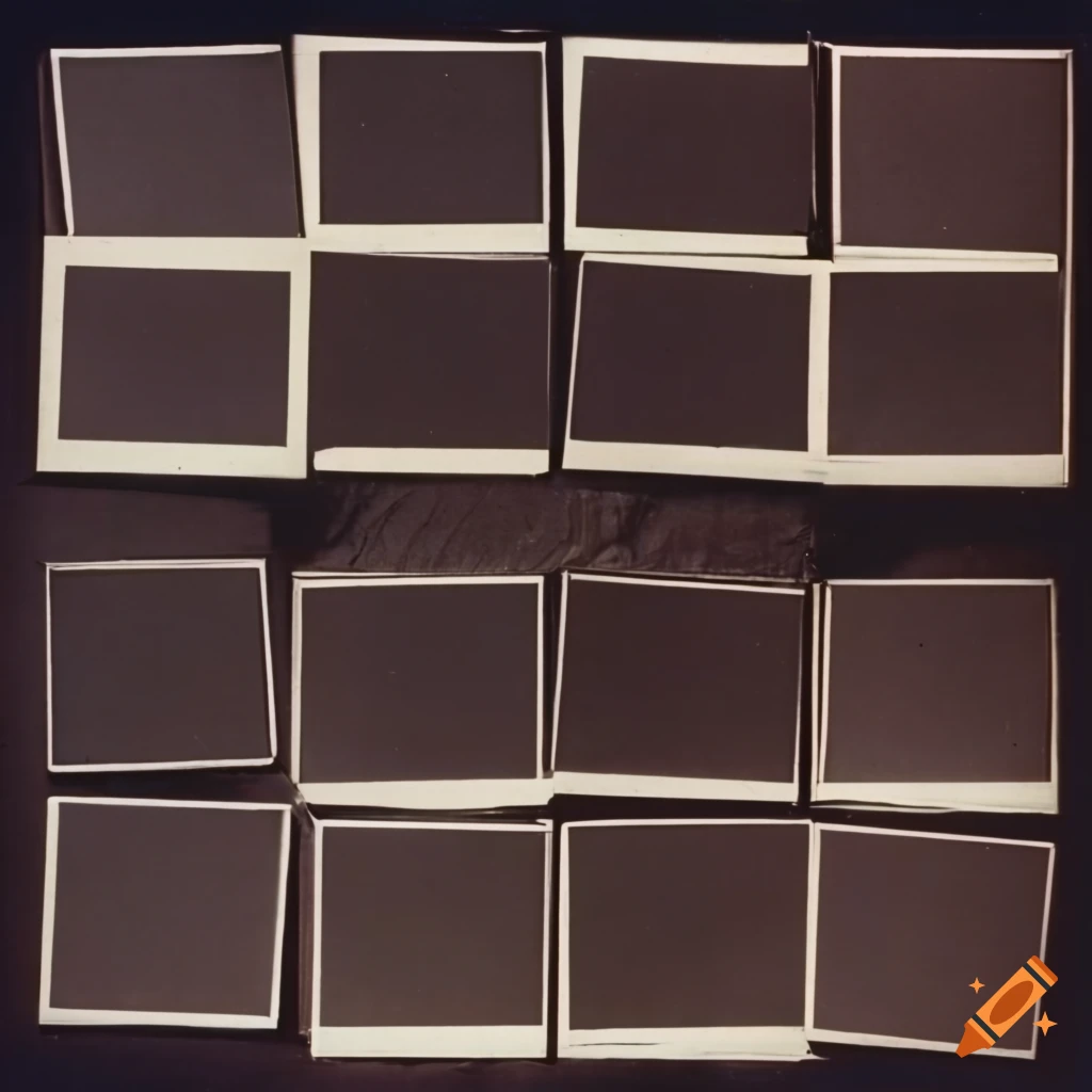 Set of blank polaroids on a dark table with a cup of tea, 1970's style