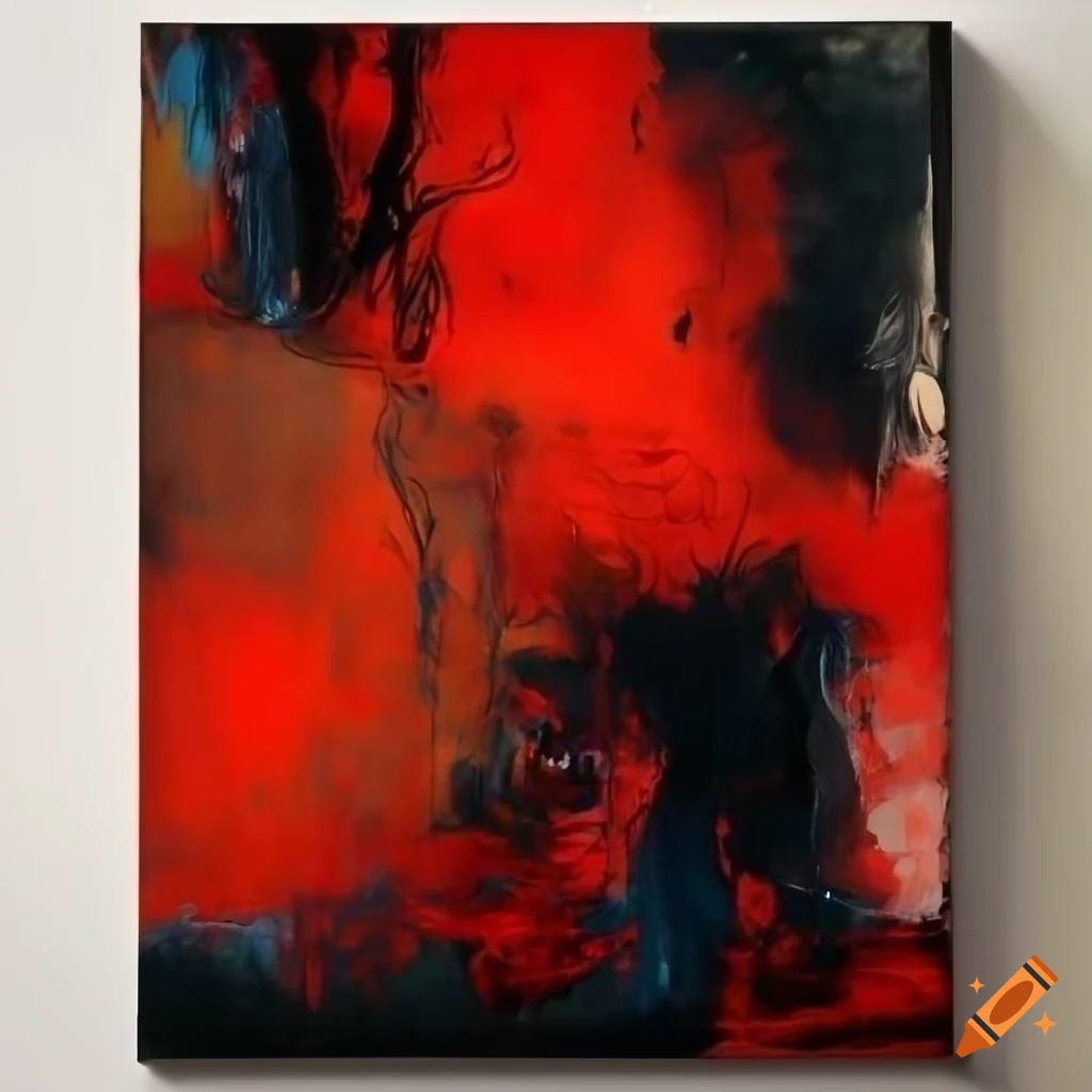 Abstract art inspired by Rauschenberg, Amano, and Zao Wou-Ki with red, black, yellow, blue, white elements