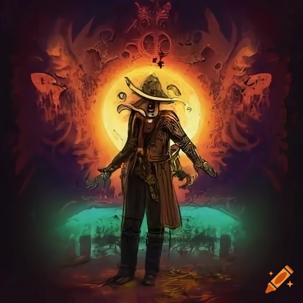 Steampunk man with plague mask holding a gear-heart, phoenix rising in background