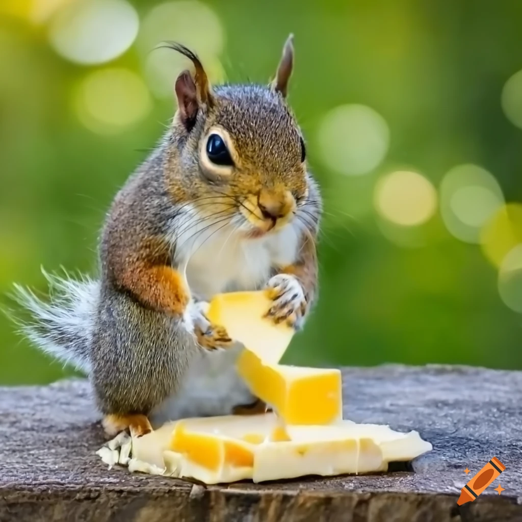 Squirrel eating cheese in high definition closeup photo on Craiyon