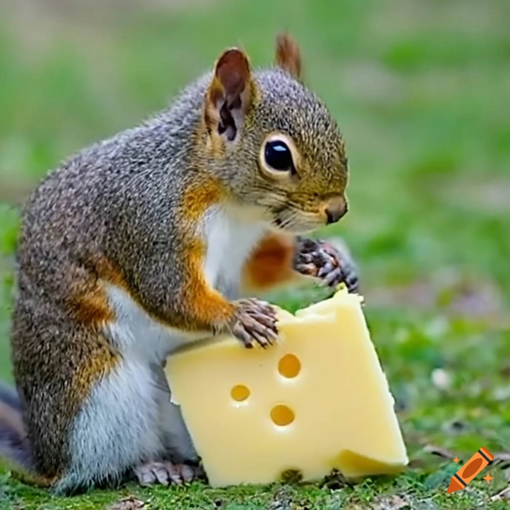 Squirrel eating cheese in high definition closeup photo on Craiyon