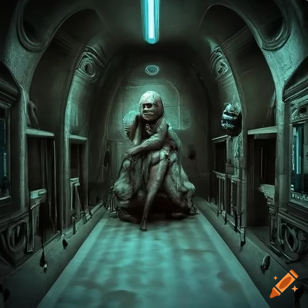 Intricate ultra-modern haunted airport interior with a marketing mascot