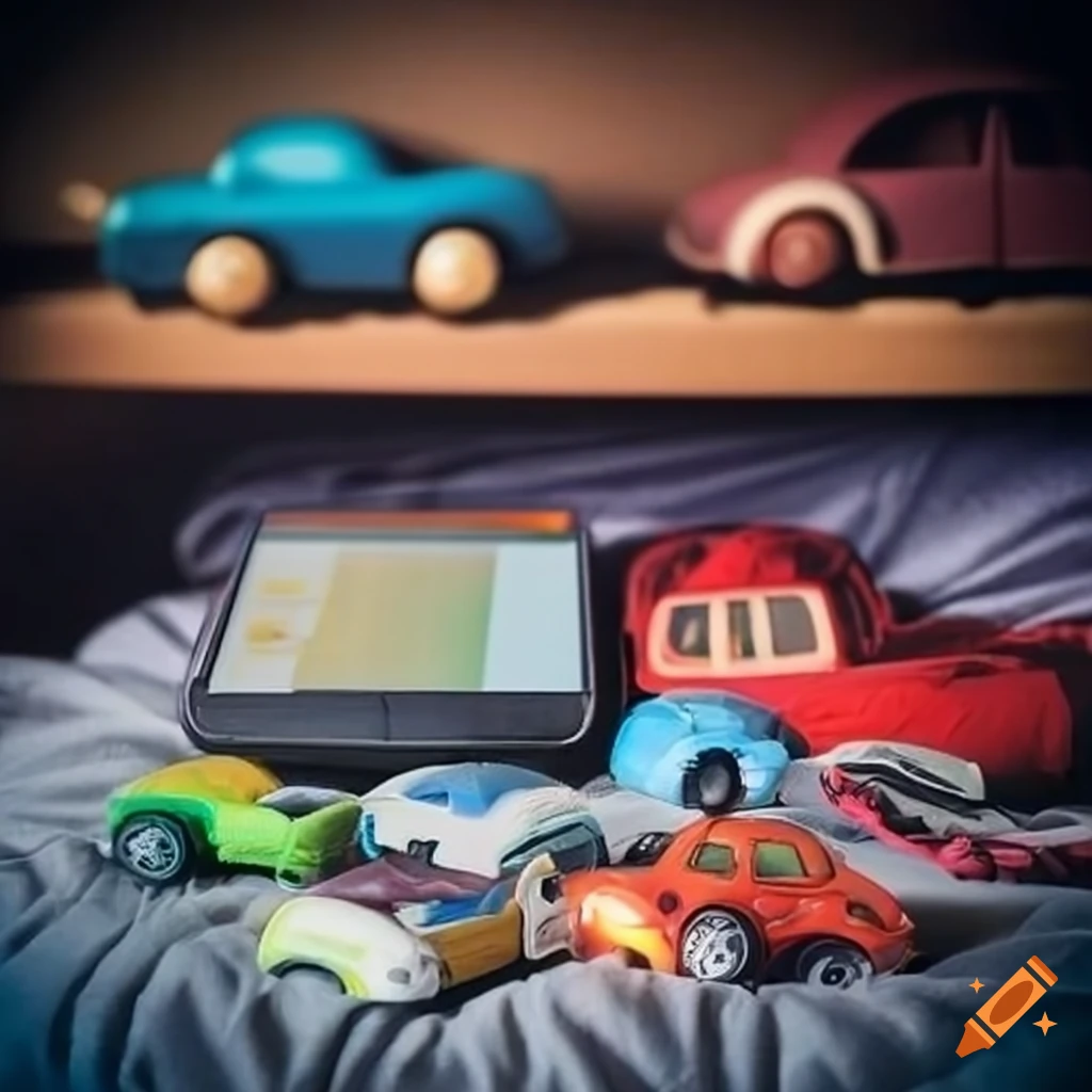 Organized stack of items on a bed including smartphone, comics, T-shirts, CD, and toy cars