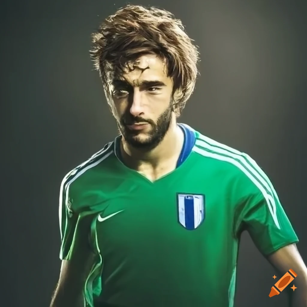 Greek soccer player with long brown hair in green jersey on Craiyon