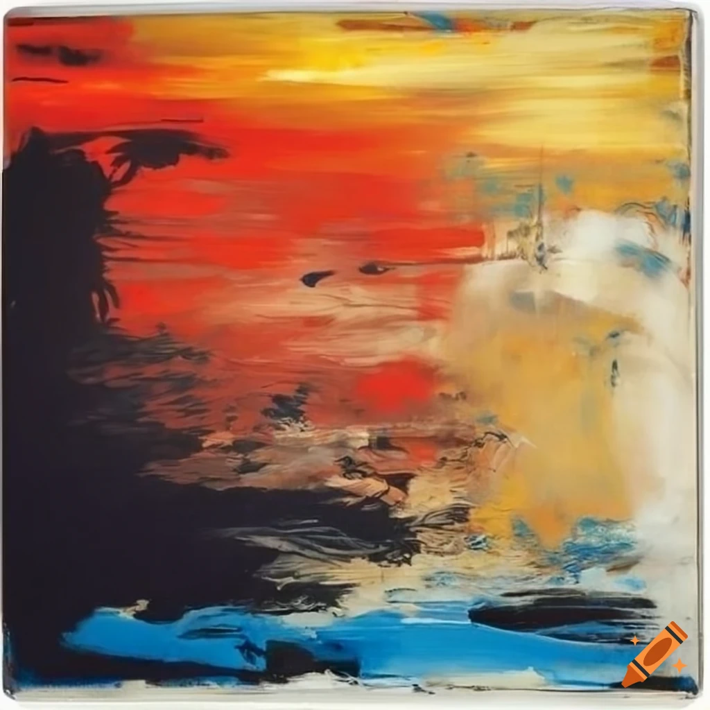 Abstract art piece with influences by Rauschenberg, Amano, and Wou-Ki in red, black, yellow, blue, white