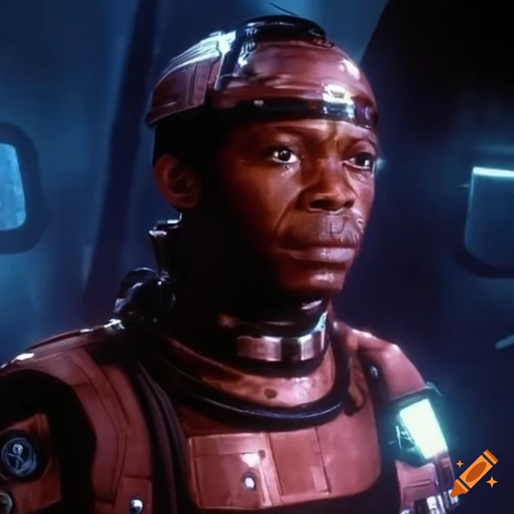 Scene from an 80's science-fiction film with a heroic male African spacecraft captain