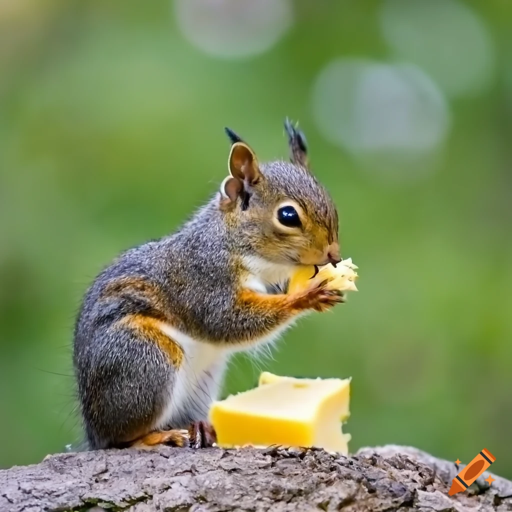 Squirrel eating cheese in high definition closeup photo on Craiyon