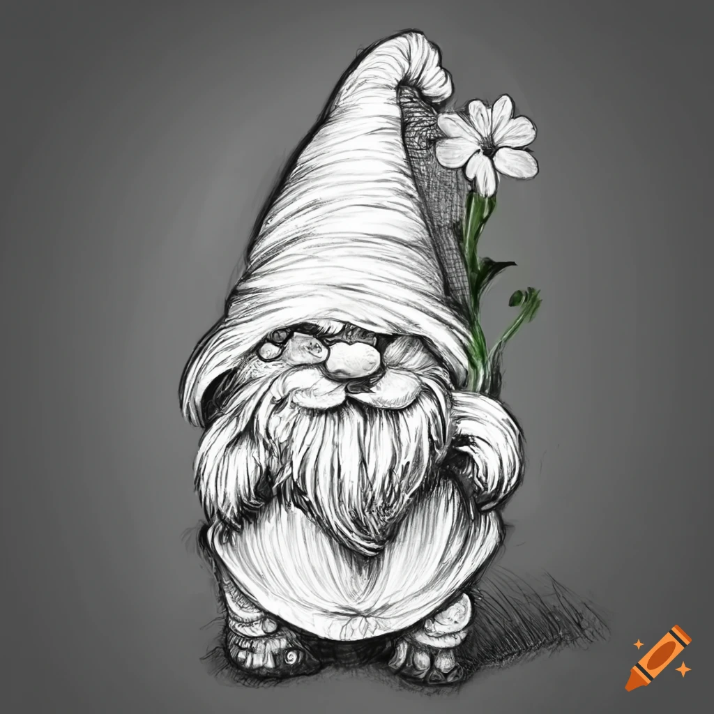 Detailed pencil sketch of a cute gnome holding a large flower