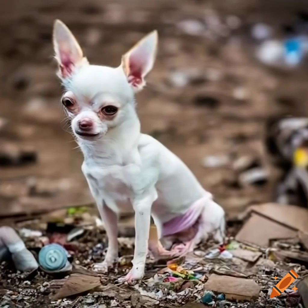 White chihuahua at a trash dump