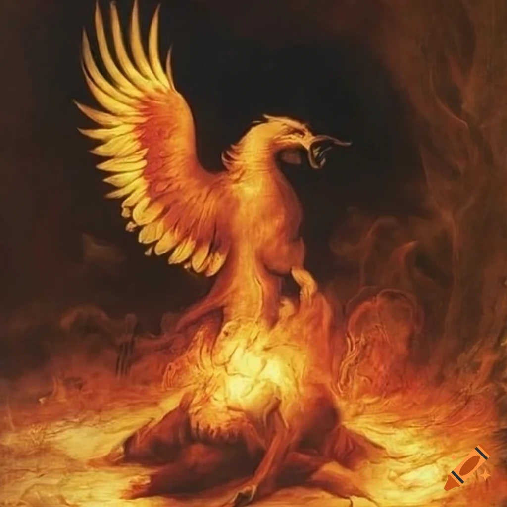 Atmospheric night with a fiery Phoenix by Leonardo Da Vinci