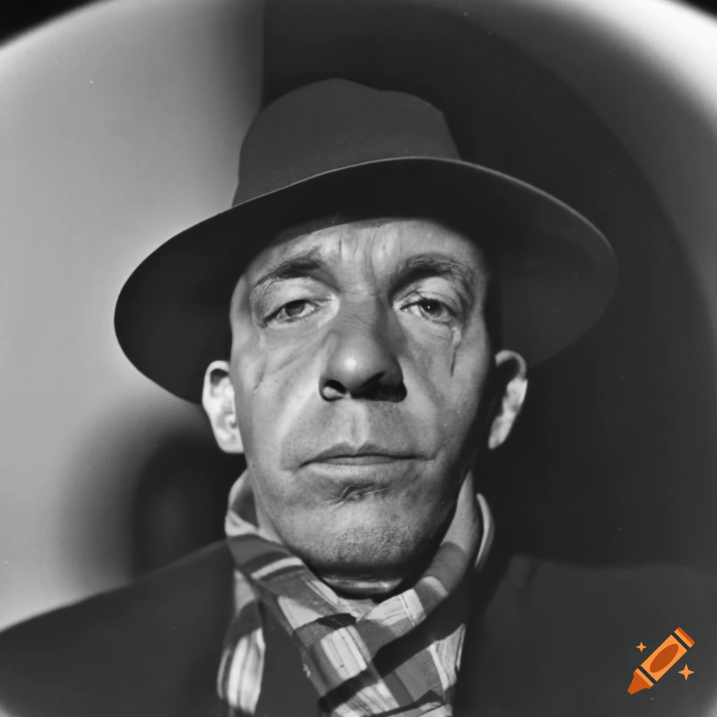 Man in hat and trench coat captured with fisheye lens in the 1950s
