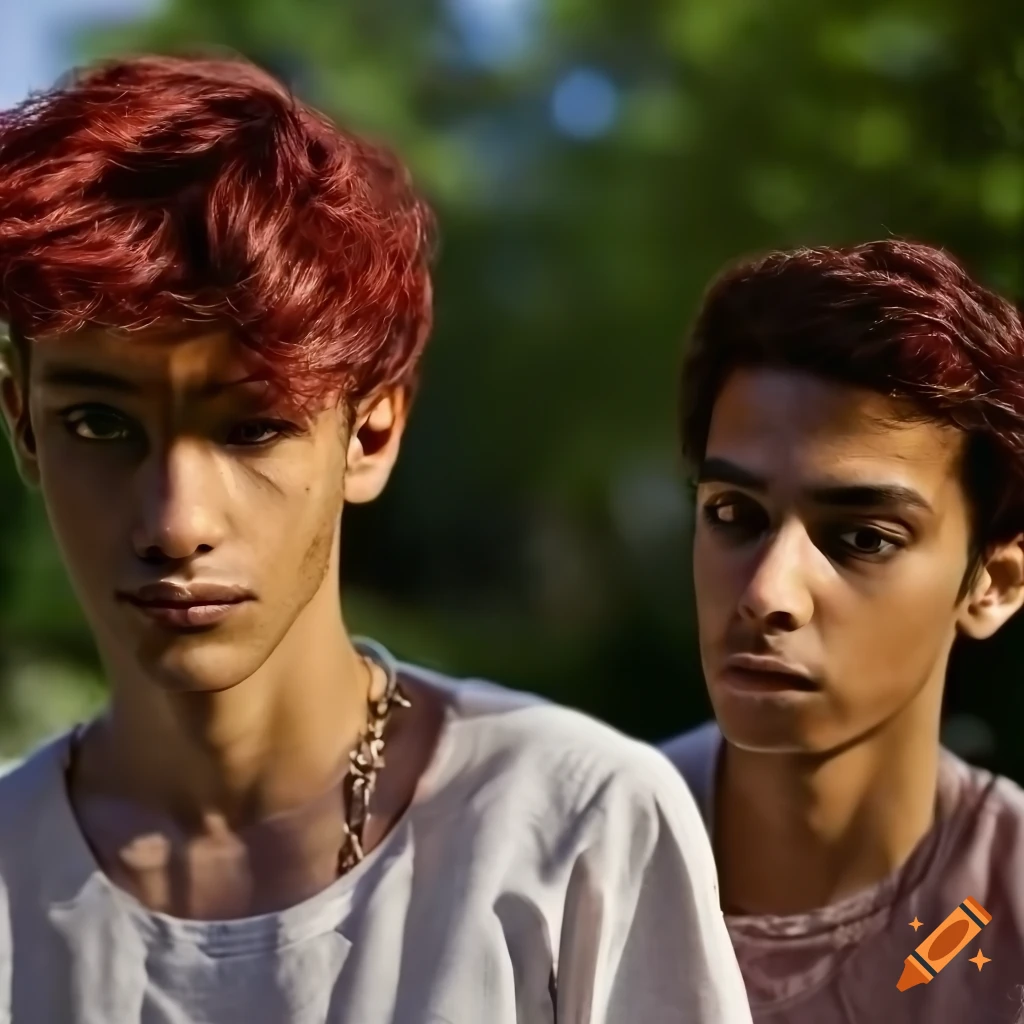 Small crowd of men with maroon hair and Arabic features sitting in a sunlit park by the sea