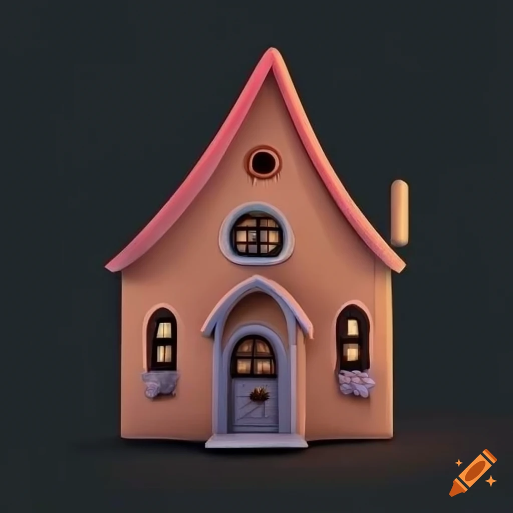 Fairy-tale house with a large flat front facade on black background