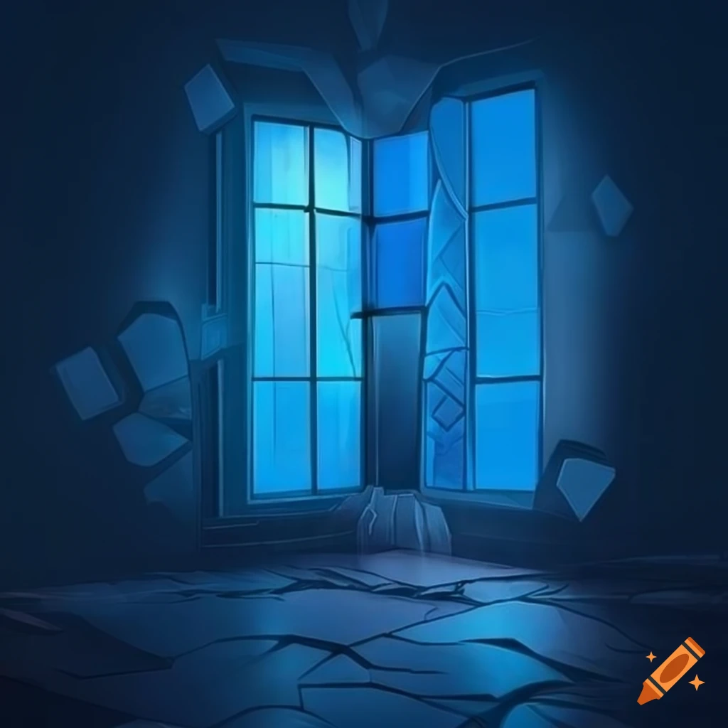 Intriguing blue windows shattering into geometric shapes in a fantasy artwork