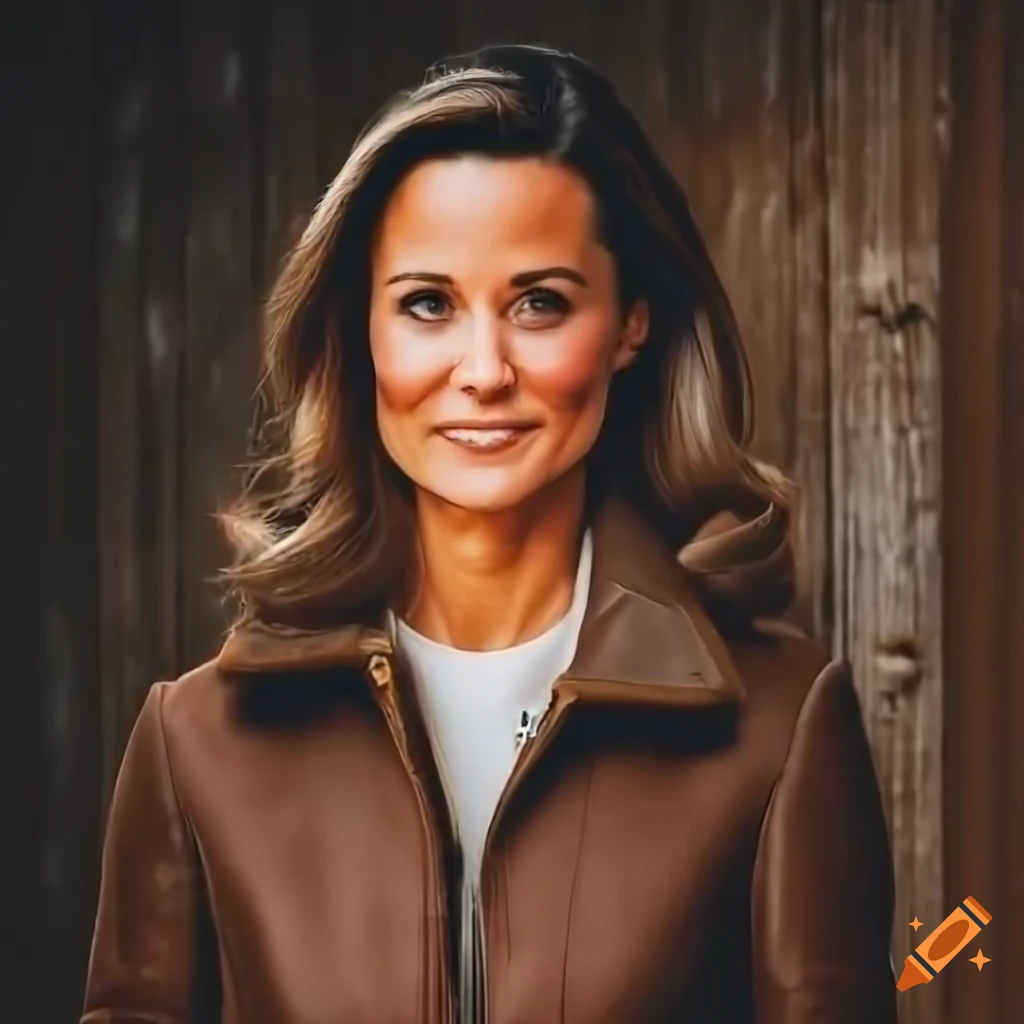 Young woman in brown sheepskin bomber jacket and black leather trousers standing in barn doorway