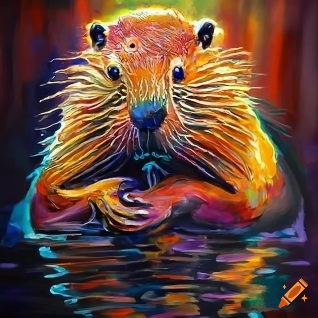 Expressionist painting of mythical beavers with Sumerian jewels in a ...