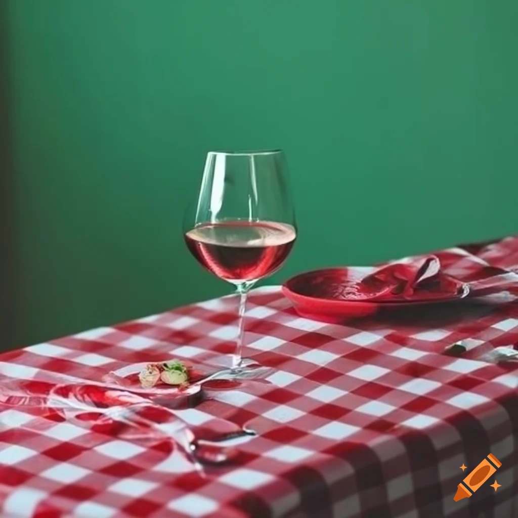Restaurant table with red checkered tablecloth and glass of wine on green background