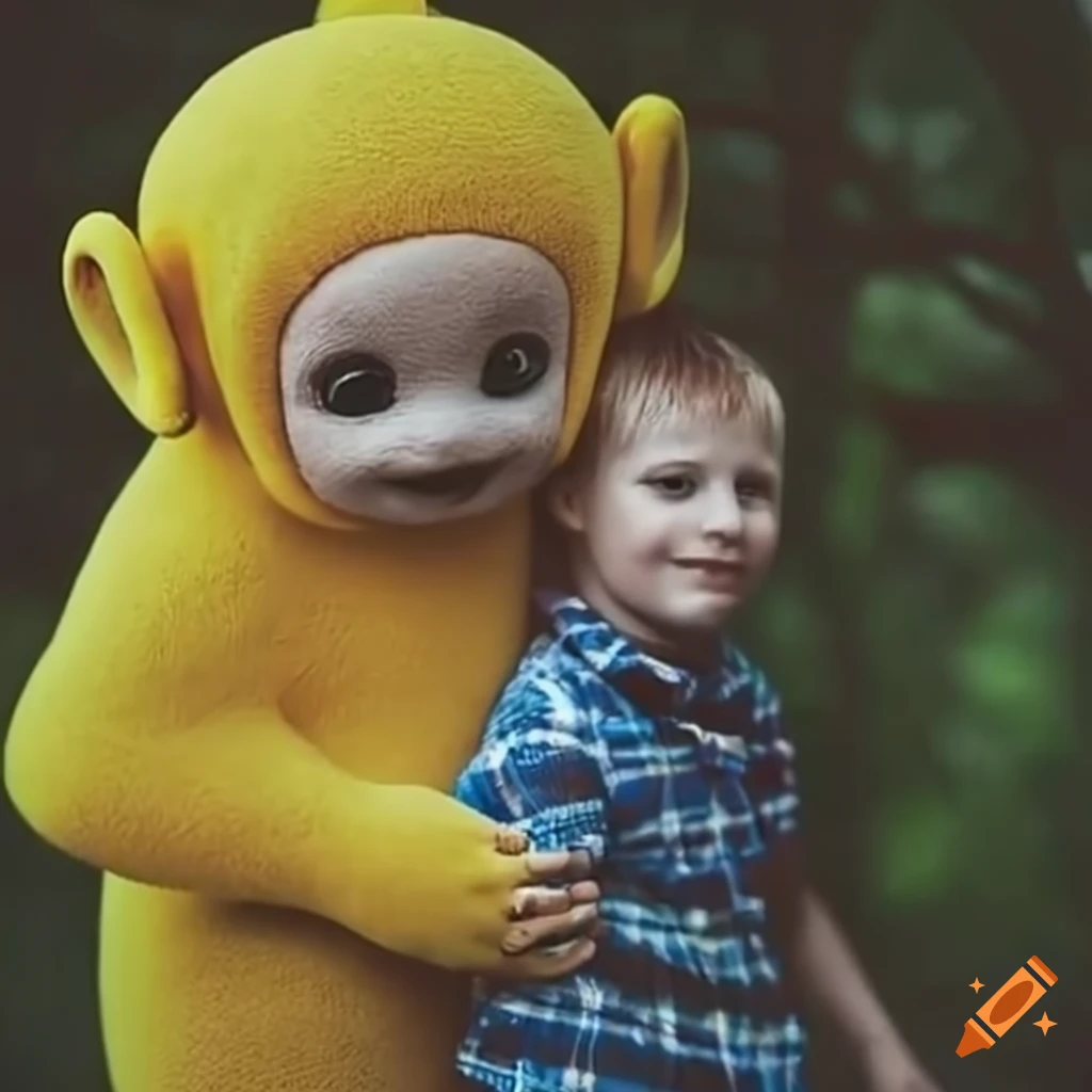 Female teletubby offering a piggyback ride to a boy