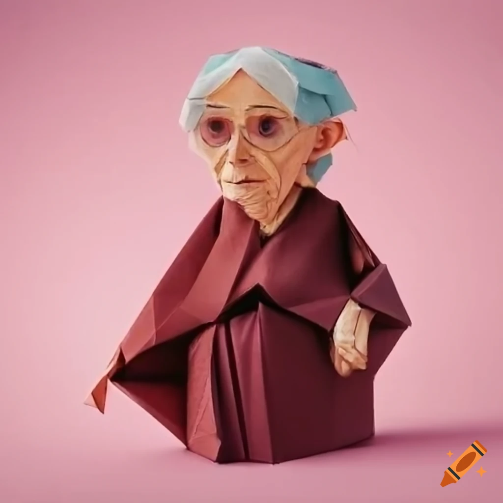 Old peddler woman with short hair and poncho making origami