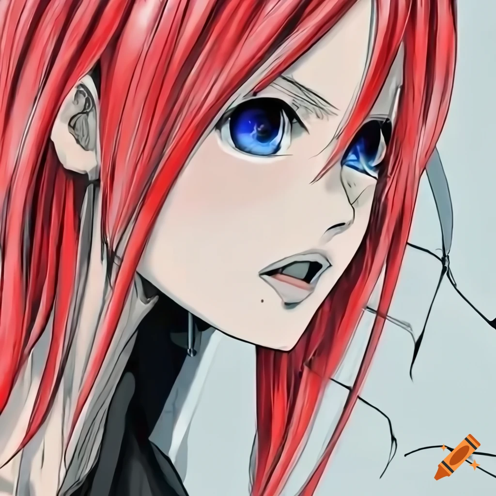Woman with red hair and black outfit facing the camera on Craiyon
