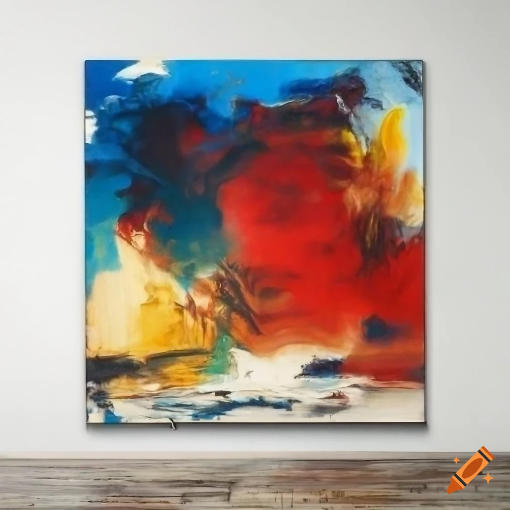 Stunning abstract art piece with red, black, yellow, blue, and white colors inspired by Rauschenberg, Yoshitaka Amano, and Zao Wou-Ki
