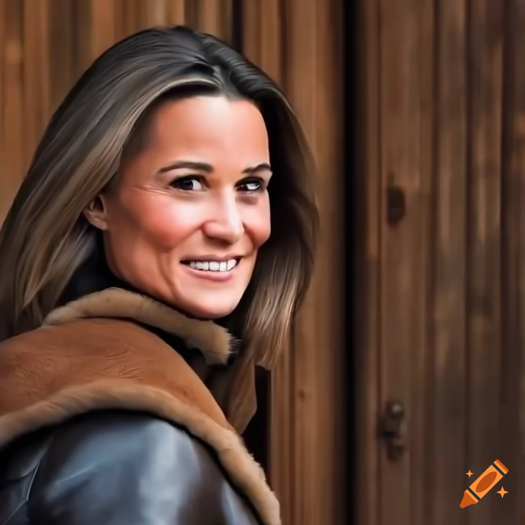 Young woman in brown sheepskin bomber jacket and black leather trousers standing in barn doorway