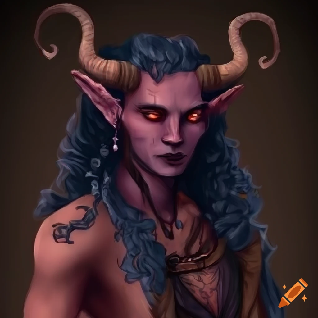 Attractive male Tiefling druid with midnight blue skin and horns in tattered brown clothing