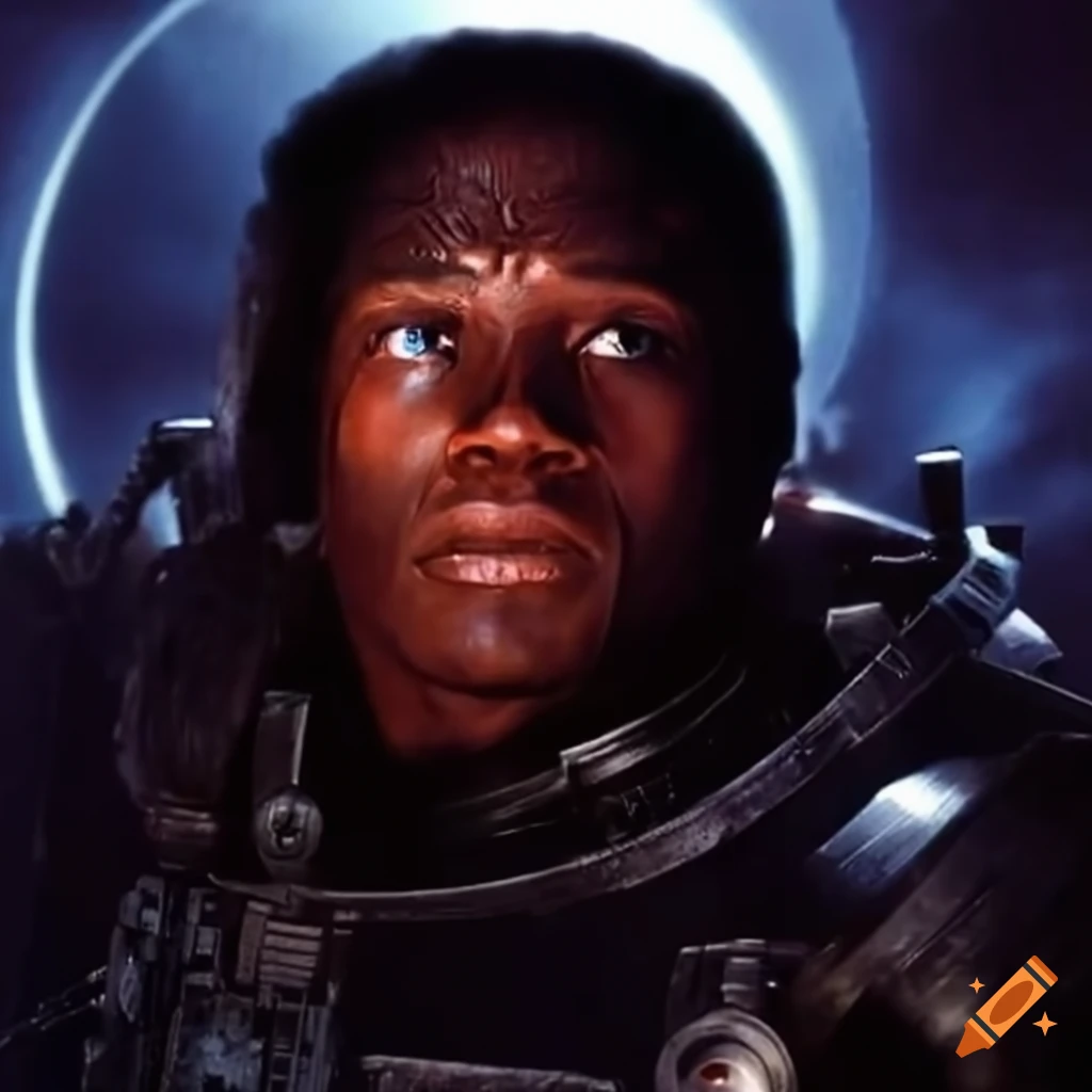 Heroic male African spacecraft captain from an 80's science-fiction film