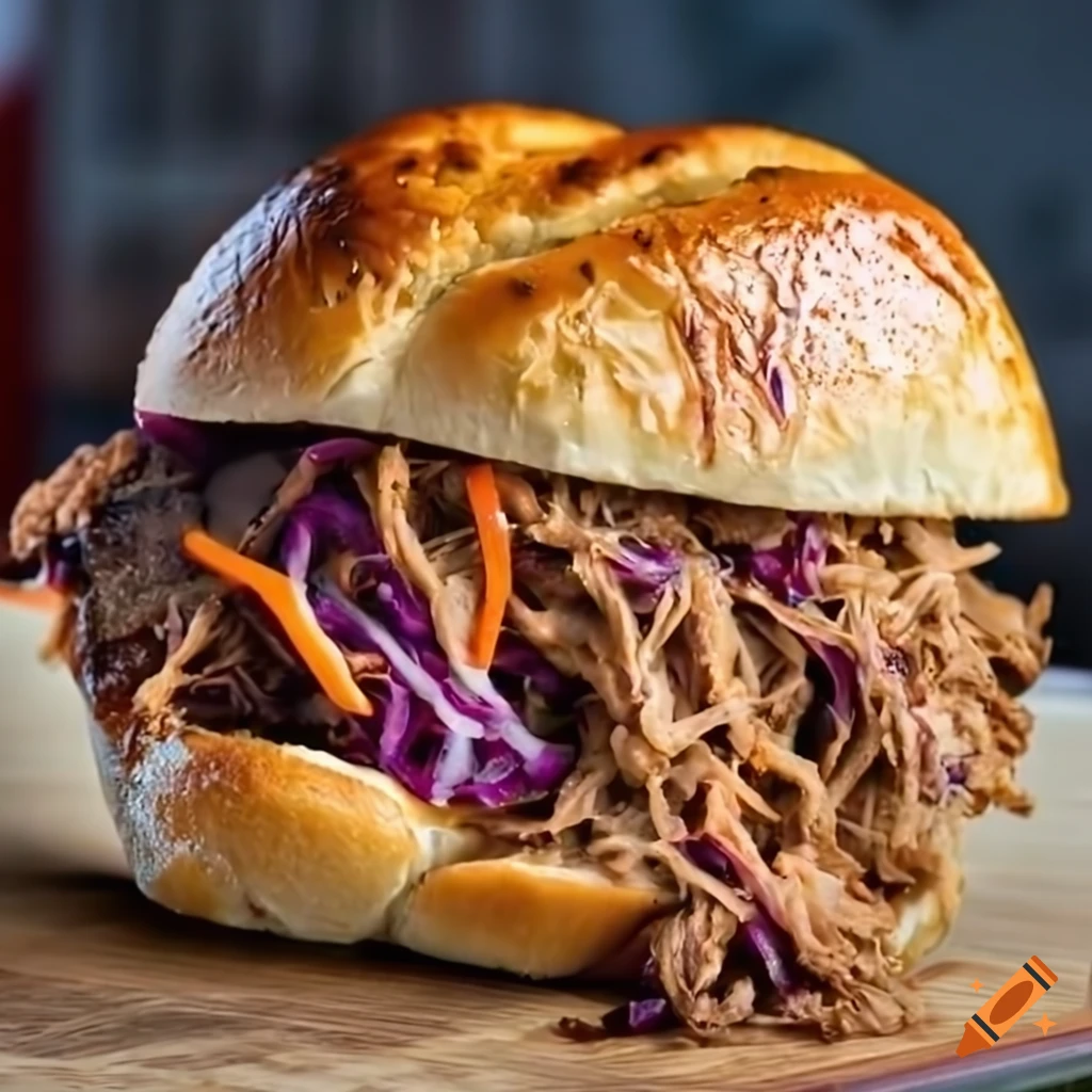 Towering pulled pork sandwich on toasted brioche bun with smoky barbecue sauce