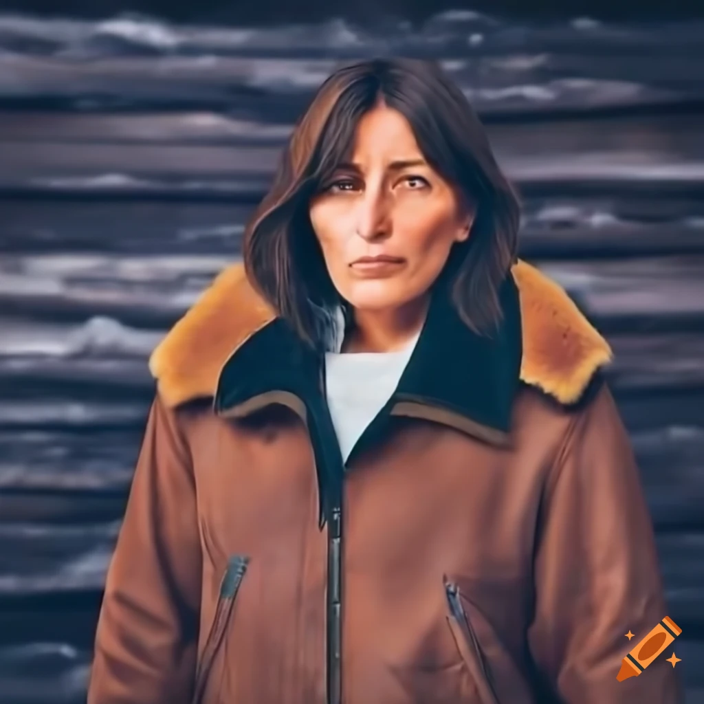 Young woman with brown sheepskin bomber jacket and black leather trousers standing in barn doorway