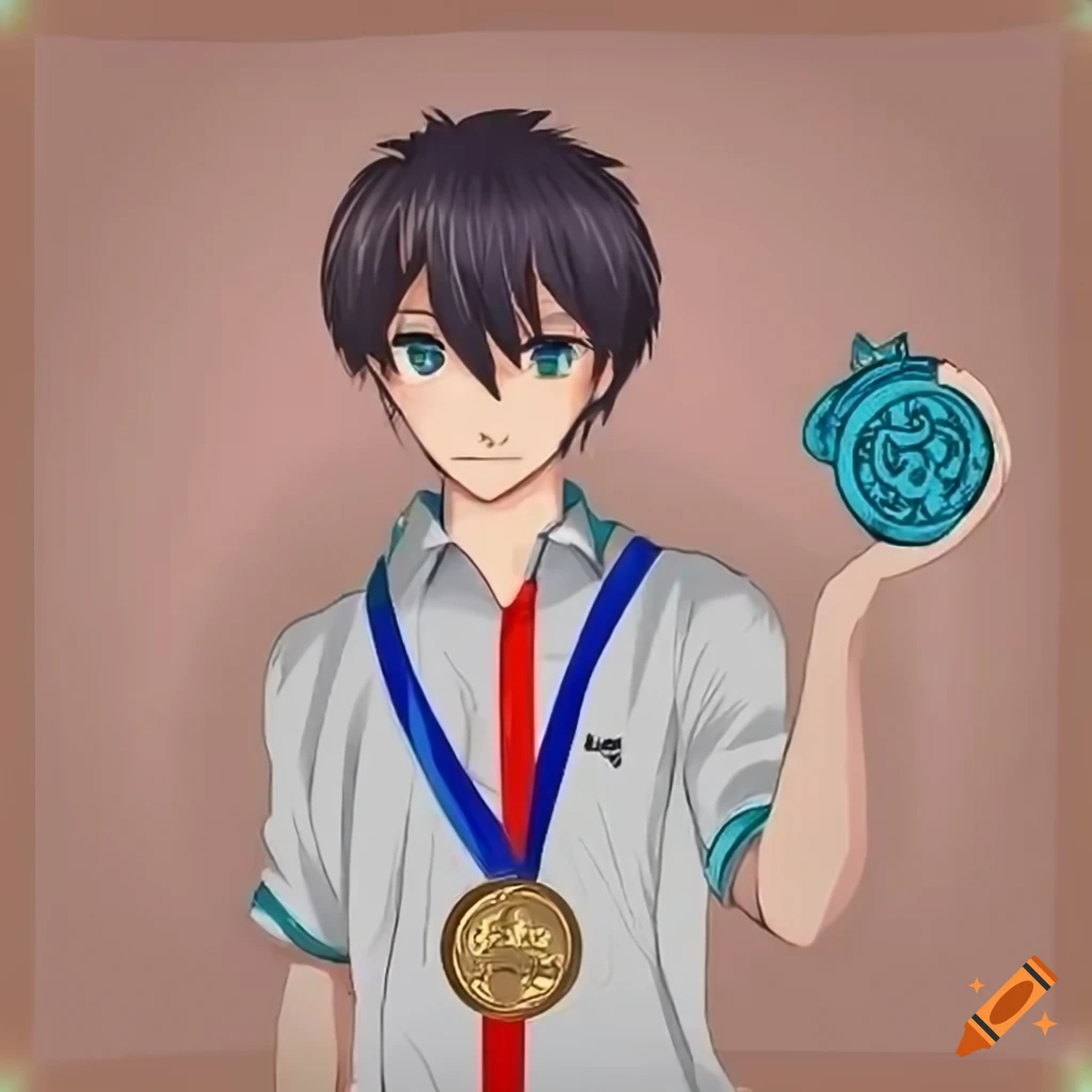 Handsome boy holding a medal with the name AVTANDIL on his shirt