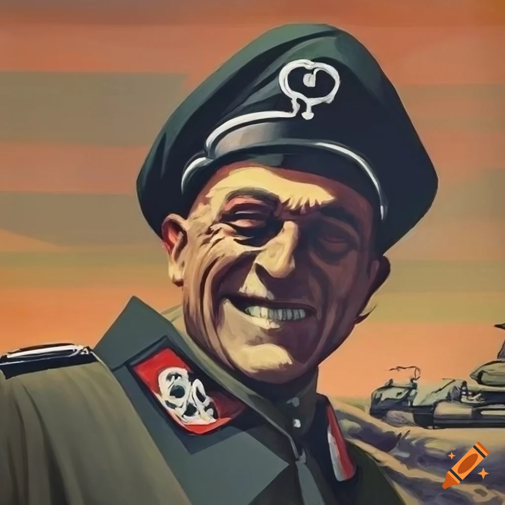 Vintage travel poster featuring Boris Karloff in WWII German officer uniform with panzer tanks in background