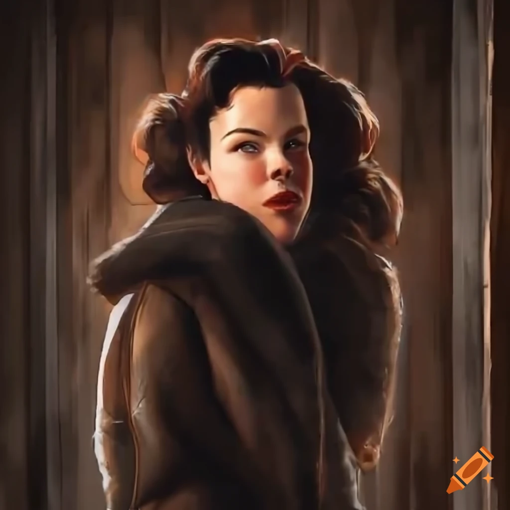 Actress Debi Mazar lookalike in aged brown sheepskin bomber jacket and black leather trousers standing in a barn doorway