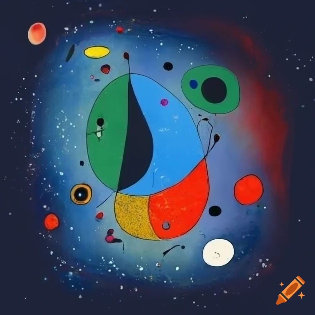Surrealist cosmic creatures and plants in Miro painting style with textured background