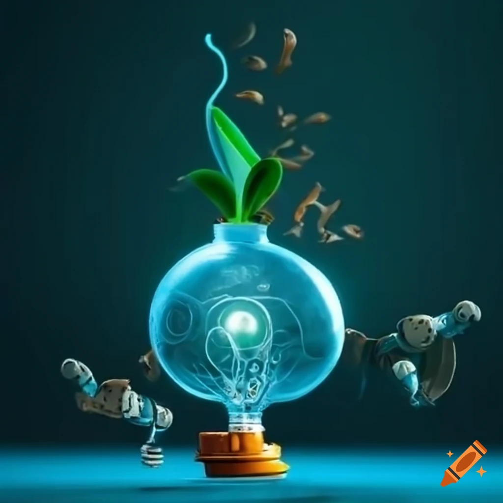 Seed or bulb mixed with robot technology with a small plant growing out