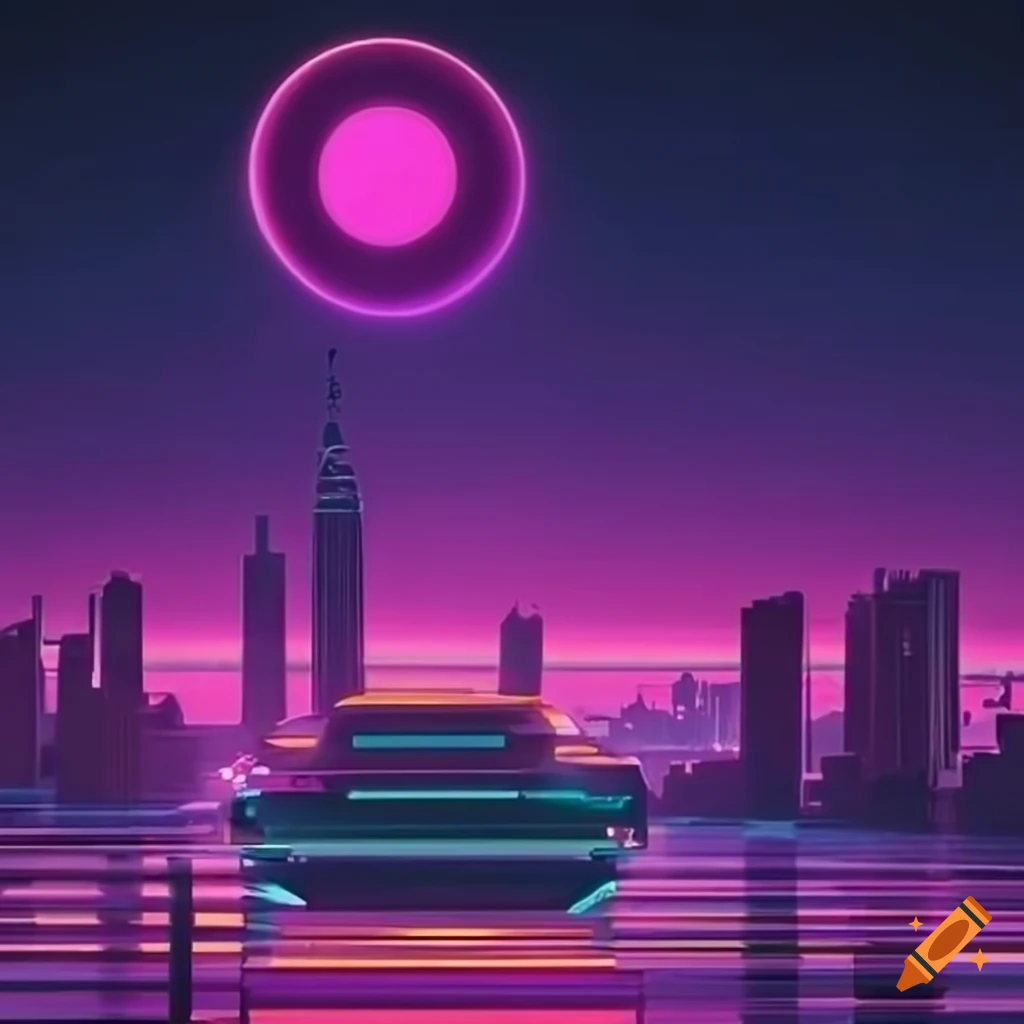 Synthwave cityscape with bokeh effect
