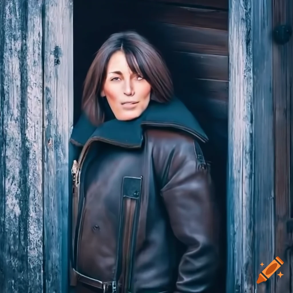 Young woman with brown sheepskin bomber jacket and black leather trousers standing in barn doorway