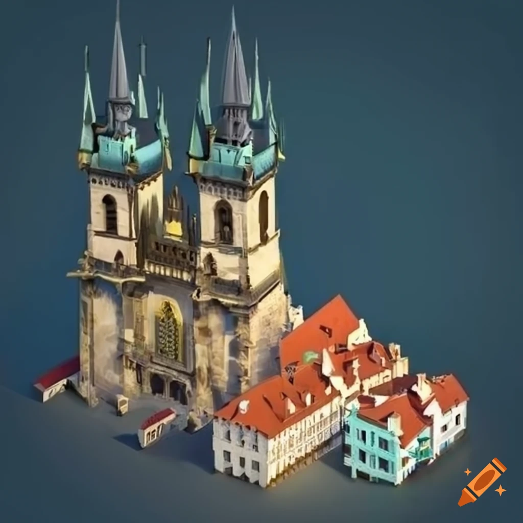 Isometric pre-rendered model of the Church of Our Lady before Týn in Prague