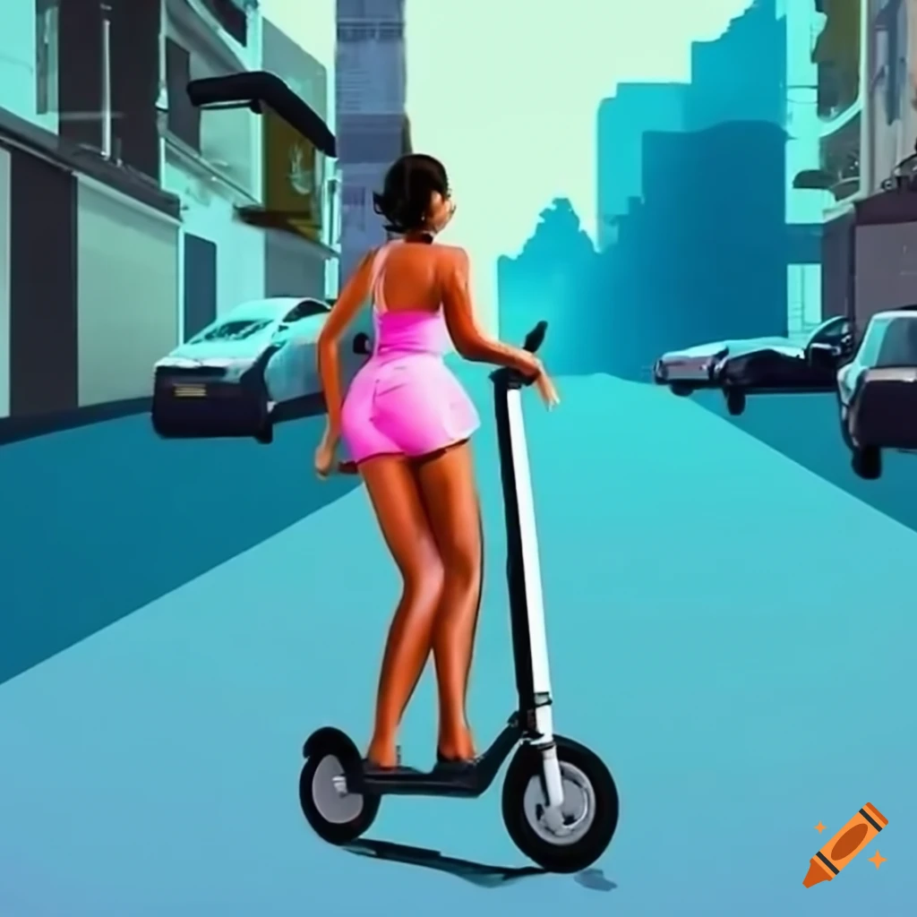 Brazilian woman on electric scooter in town