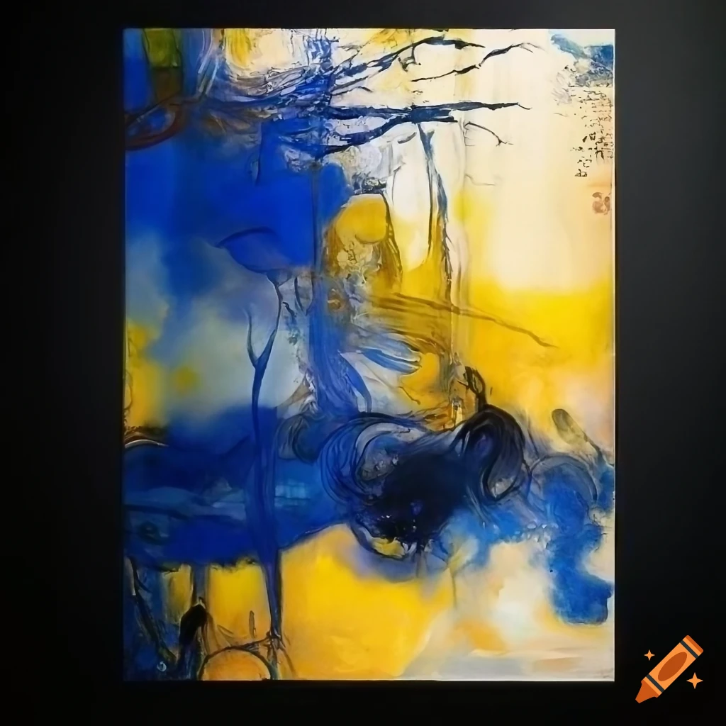 Abstract art piece in oil with blue, yellow, and white influences