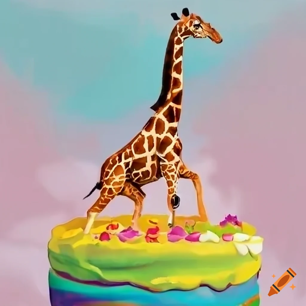 Giraffe running through rainbow skittle birthday cakes