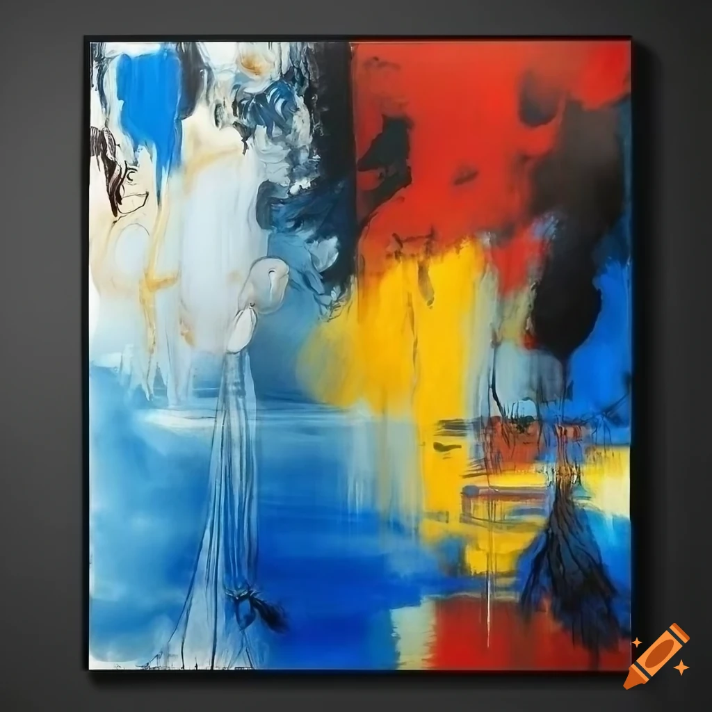 Abstract art influenced by Rauschenberg, Amano, and Wou-Ki with red, black, yellow, blue, and white colors