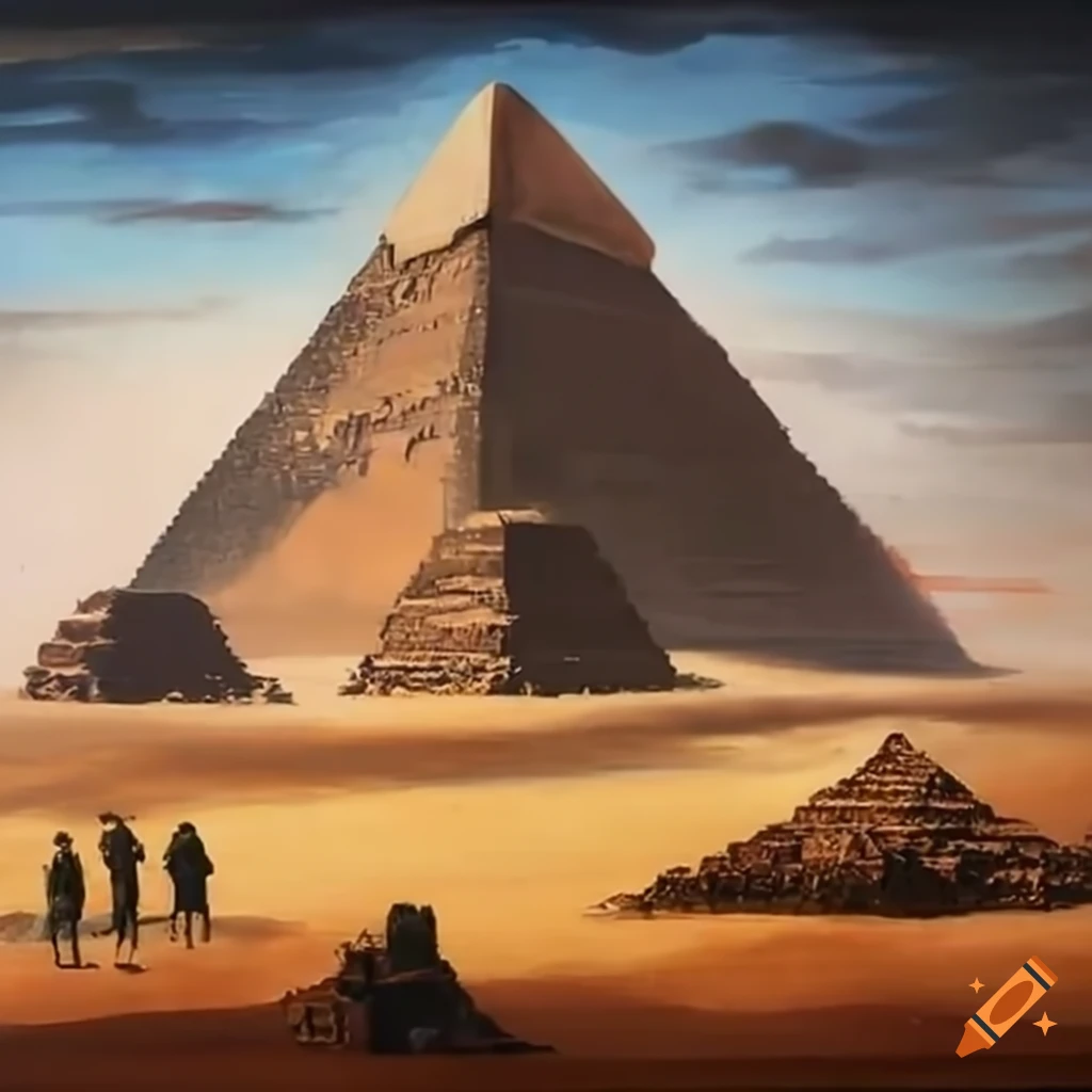 Adventurers looking at a huge Egyptian Pyramid in a Saharan landscape